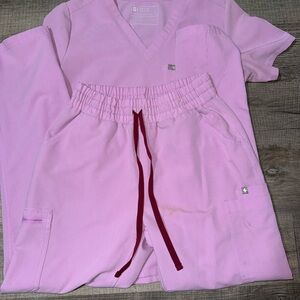 Figs Light Pink Scrub Set with Burgundy Accent